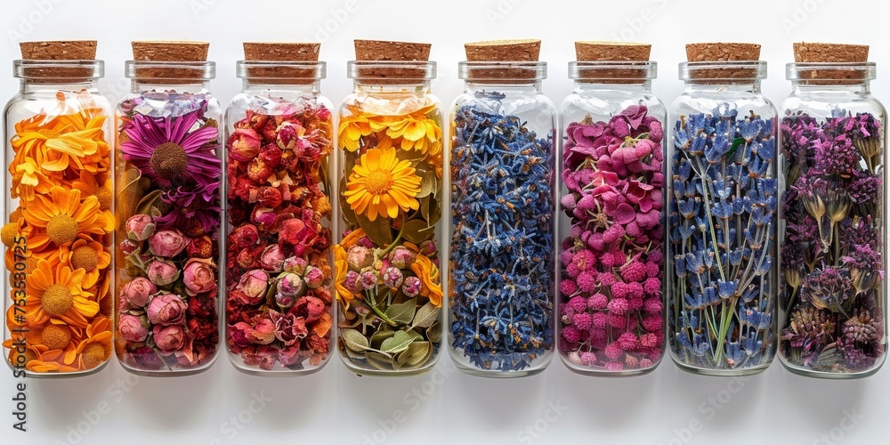 Collection of dried herbal flowers in glass bottles for natural aromatherapy.