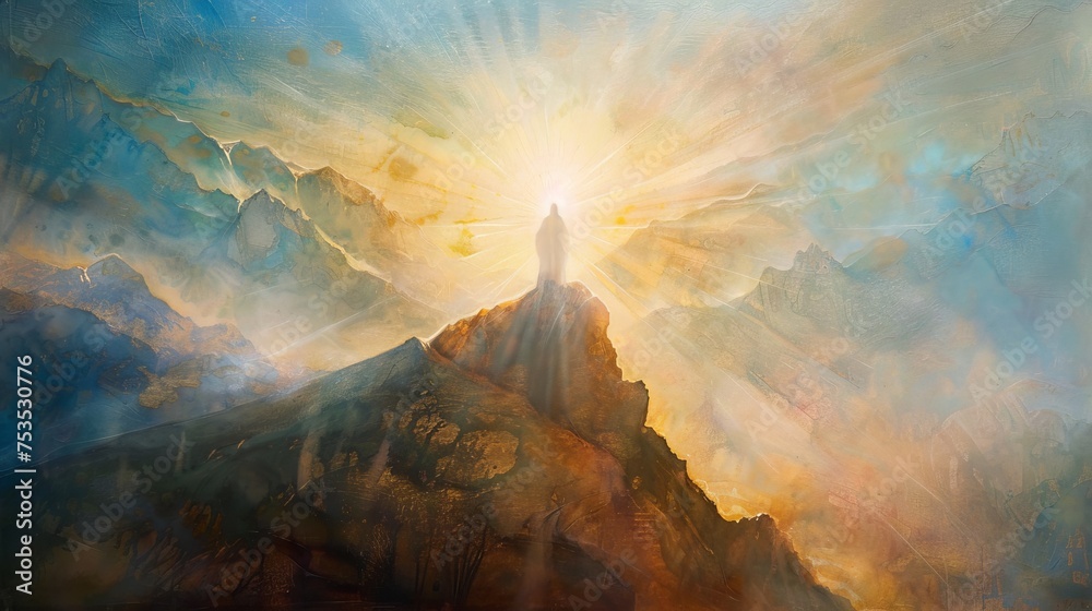 An evocative portrayal of Jesus Christ's transfiguration on the mountaintop, radiating divine light. - obrazy, fototapety, plakaty 
