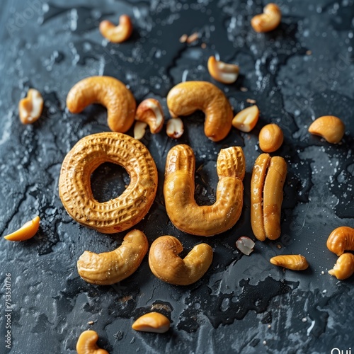 Un régime sain à base de noix. Le mot OUI à partir de noix. Inscription pour la nutrition des noix. Un signe de beauté et de santé. Des noix en forme de OUI. Dites OUI aux fruits à coque! 