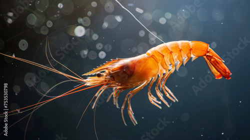 A solitary shrimp swims elegantly against a bokeh light backdrop.