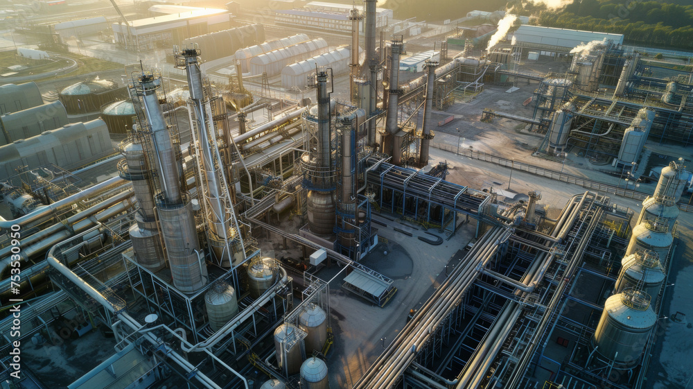 Sunrise illuminates an industrial complex, symbolizing energy and activity. Sunrise illuminates an industrial complex, symbolizing energy and activity.