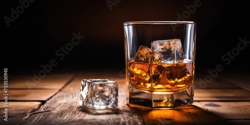 Whiskey on a wooden table with ice.