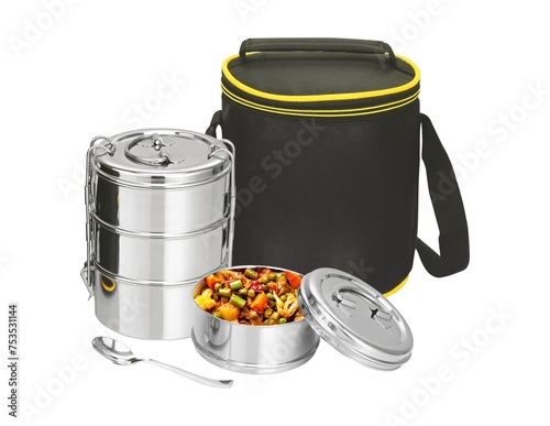Stainless Steel 4 Compartment Lunch Box With Bag on a White Background