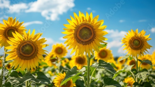 Blooming sunflower field under blue sky background