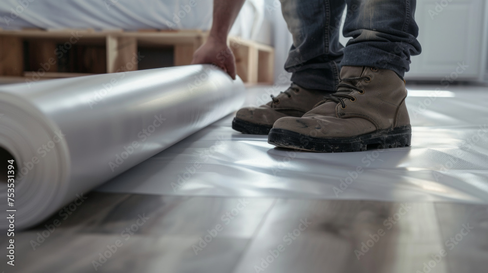 Craftsman meticulously prepares a surface for new flooring installation. Craftsman meticulously prepares a surface for new flooring installation.
