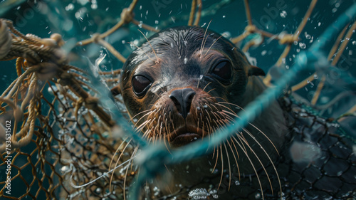 Seal's haunting gaze through netting highlights the struggle for marine life.