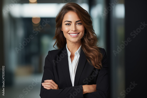 Smiling businesswoman at work. Woman in a suit at work. Women boss.