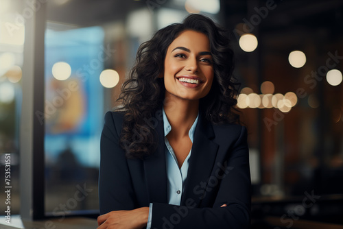 Smiling businesswoman at work. Woman in a suit at work. Women boss.