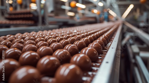 production of many chocolate candies in row photo