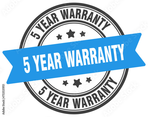 5 year warranty stamp. 5 year warranty label on transparent background. round sign