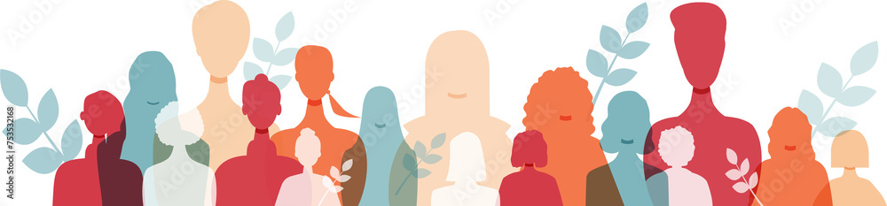 Women together. Color silhouettes with floral elements.