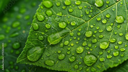 Dew drops on a fresh green leaf, macro shot