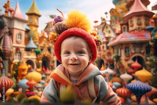 a little boy smiling surprised in a fantasy world with colorful houses photo