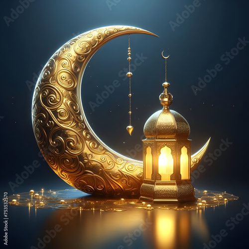 Golden crescent moon with a lantern, Islamic festival, celebrating Ramadan, Isolated on a dark blue background