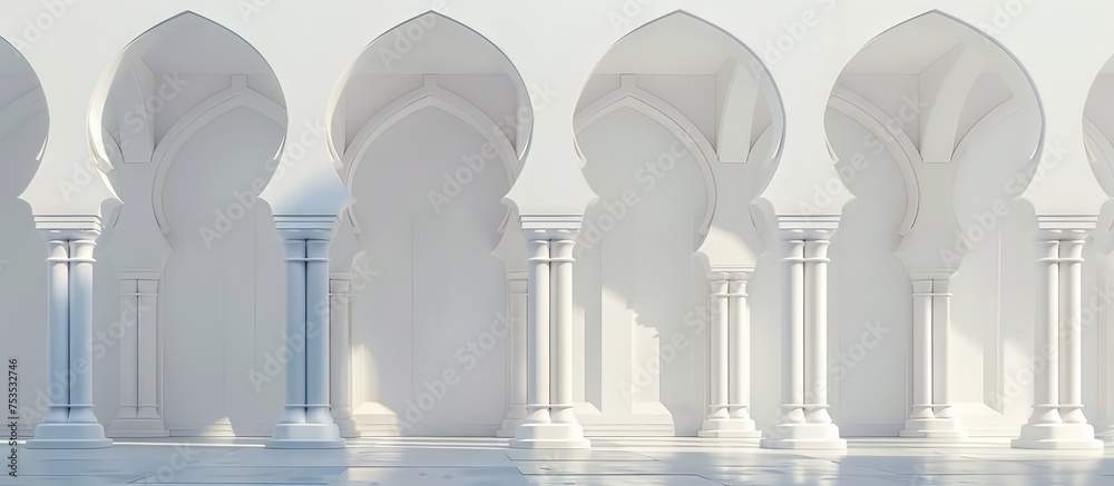 Fototapeta premium Horizontal AI illustration white arabesque arches and columns in modern design. Arab backgrounds.