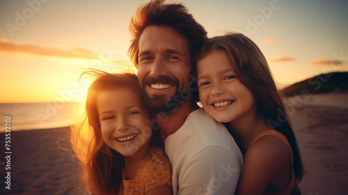 happy family laughing and looking at camera with sea view background