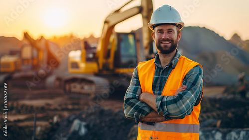 Portrait of happy professional excavator driver standing in front of big excavator looking at camera at sunrise photo