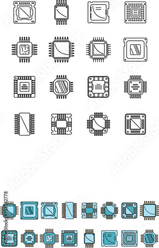 Processor icons set outline vector. Central computer card. Electronic chip color line isolated