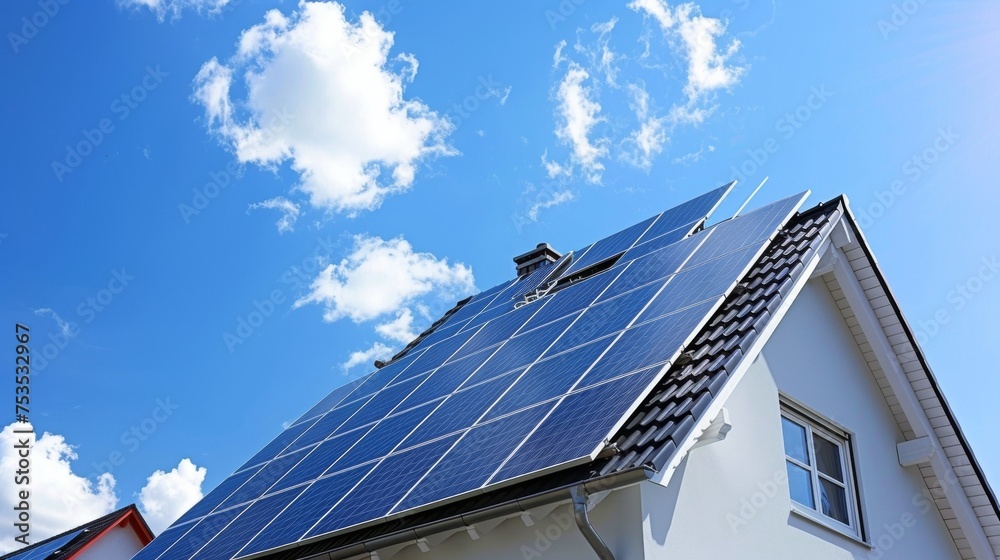Fototapeta premium Solar panel integrated into modern house roof, blending seamlessly to harness sun s energy
