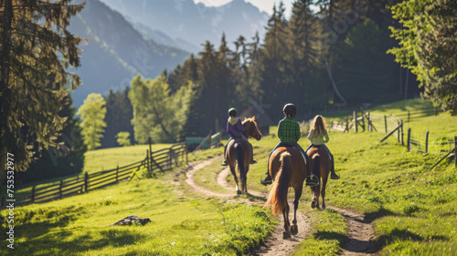 Equestrian trail ride on a sunlit path through a vibrant green landscape.