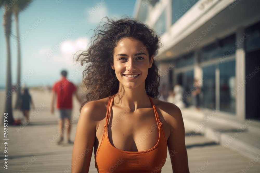 Happy woman on boardwalk, tropical vibe, sunny day.