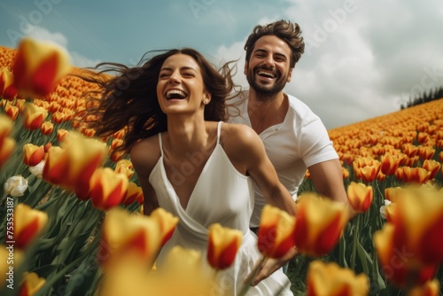 Couple running in tulip field, exuberant, carefree.