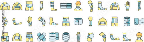 Bandage icons set outline vector. First aid. Medical trauma color line isolated