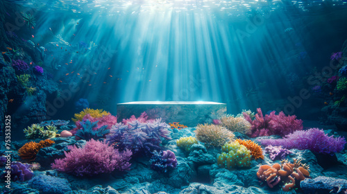 enchanting underwater scene with vibrant coral formations surrounding a stone platform bathed in sunbeams. Use for product presentation. photo