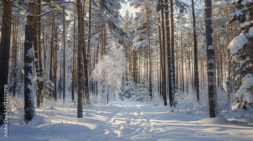 Frost-covered trees in winter forest, silent and majestic. © furyon