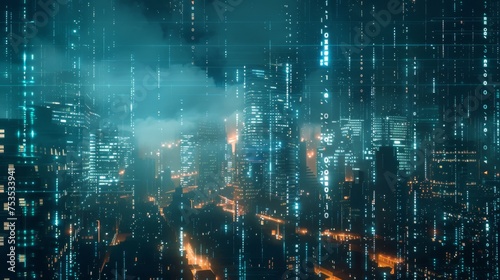 Futuristic city skyline with digital binary code matrix