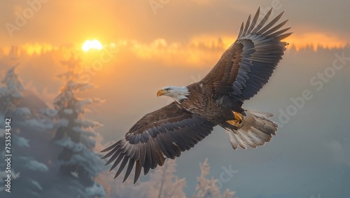 Majestic eagles soaring over mountain ranges at sunrise, capturing the essence of freedom and wild beauty