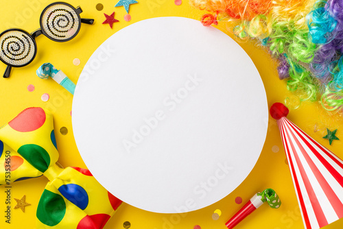 April Fool's Day top view array with gag glasses, colored wig, a playful necktie, a party cap, laugh-inducing blowers, and confetti on a radiant yellow background, empty round white card for message