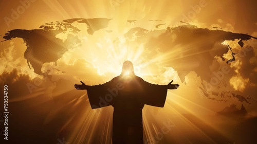 Jesus Christ silhouette over the world, emanating light and love. photo