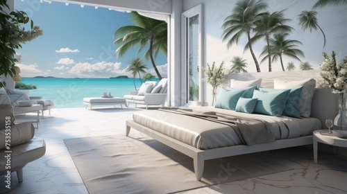 luxury room in a resort with windows and paradisiacal beach photo