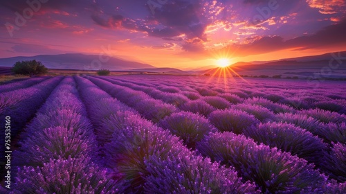 Lavender fields with sunset background
