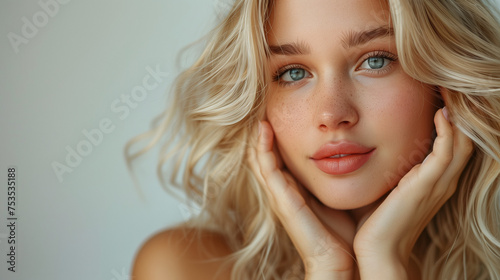 A blonde woman with blue eyes touches her face, showcasing natural makeup on a studio background.