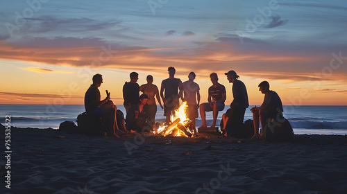 A group of friends sharing a laugh  with a colorful sunset in the background  during a beach bonfire