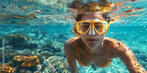 An alluring underwater portrait of a young woman enjoying an active summer vacation in a tropical paradise.
