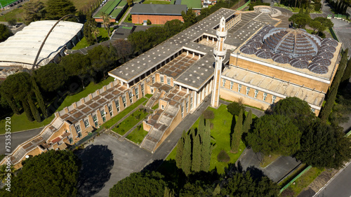 Aerial view of the Mosque of Rome, the largest mosque in the Western world. It is the seat of the Italian Islamic Cultural Centre and it's located in Parioli district, north of Rome, Italy.