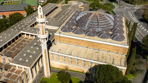 Aerial view of the Mosque of Rome, the largest mosque in the Western world. It is the seat of the Italian Islamic Cultural Centre and it's located in Parioli district, north of Rome, Italy.