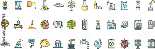 Global warming icons set outline vector. Climate change. Earth warm color line isolated