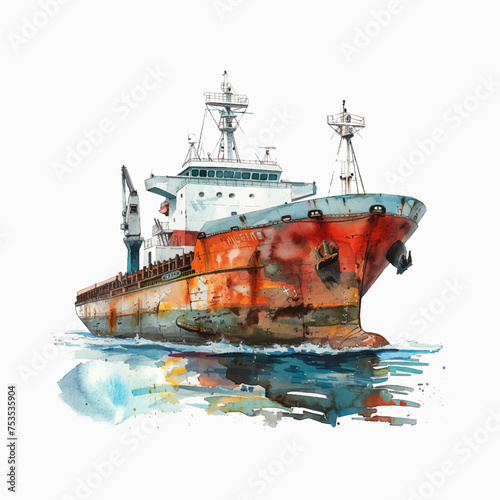 Watercolor cargo transport ship on white background