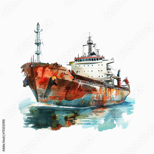 Watercolor cargo transport ship on white background