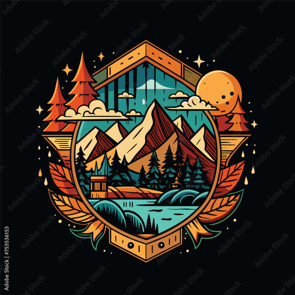 Mountains, lake, forest, nature emblem in retro style. t-shirt print design