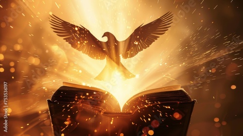 Silhouette of a Bible with a phoenix rising from its pages photo