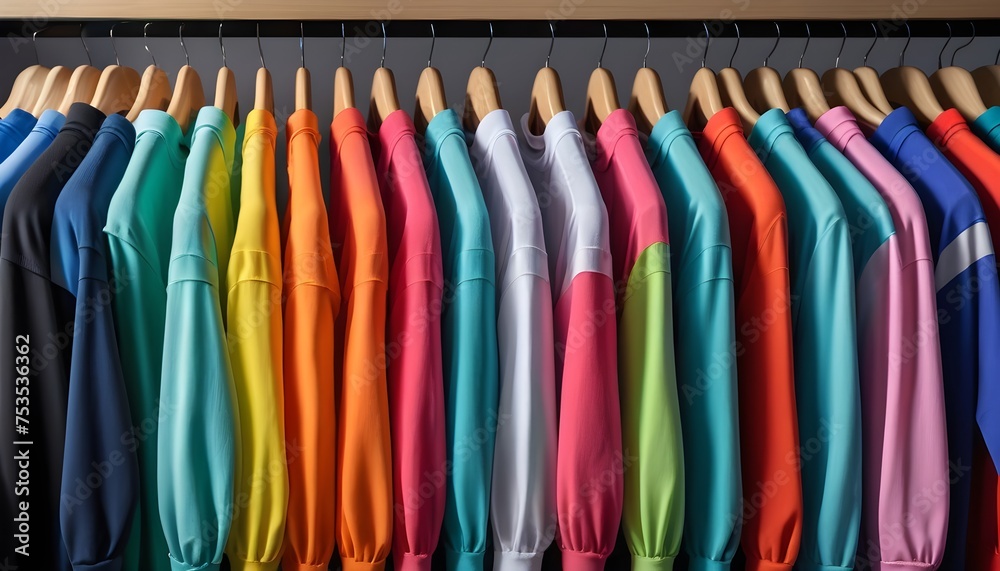 A close up of a rack of shirts with multiple colors colorful clothing