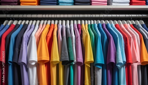 A close up of a rack of shirts with multiple colors colorful clothing