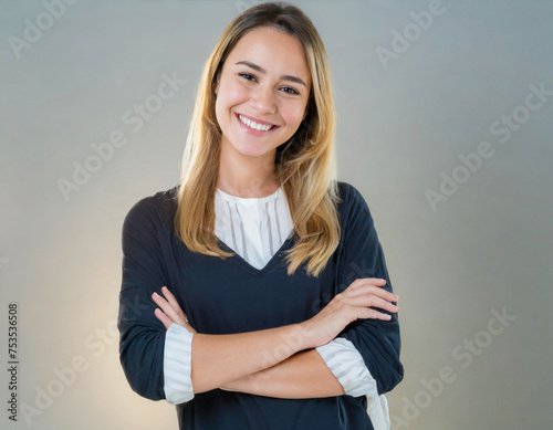 portrait of young happy woman blonde arms crossed blonde looks in camera caucasian girl on white background