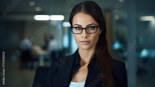 A professional businesswoman with a warm smile wearing glasses.