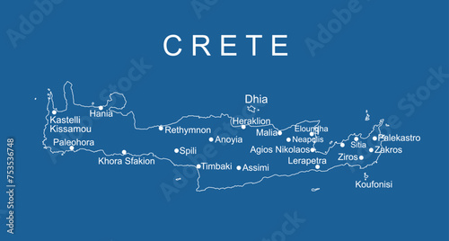 Greece island Crete map vector line contour silhouette illustration isolated on white background. Greek island map high detailed.